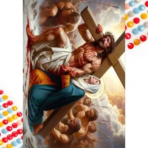 5D DIY Full Drill Round Diamond Art Painting Kit, Jesus Cross Mosaic Canvas Art Set, Perfect Gift for Birthdays