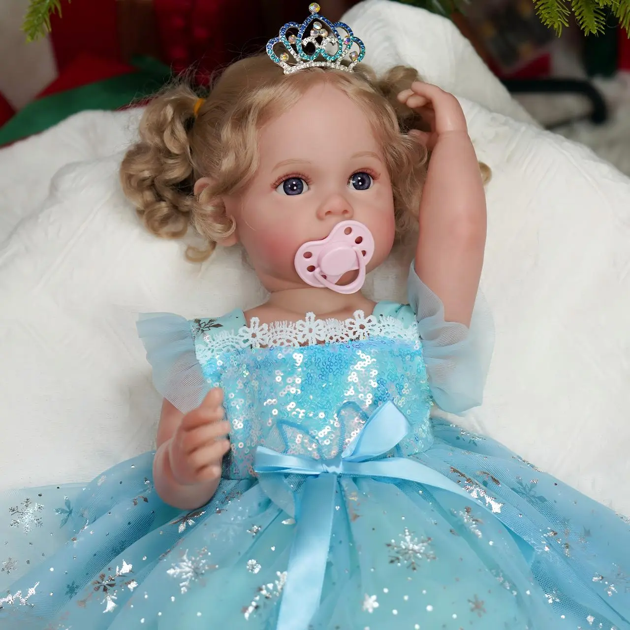 Vacos 6PCS Reborn Baby Doll Clothes Set, Handmade Sparkly Blue Princess Dress with Crown, for 17-22 in Collectible Toys (Doll Accessories for Adult Collectors, Photography Use)