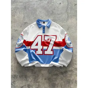 Men's Digital Print Loose Fit Long Sleeve Polo Shirt, School Streetwear Style Men's Digital Print Loose Fit Long Sleeve Polo Shirt, School Streetwear Style
