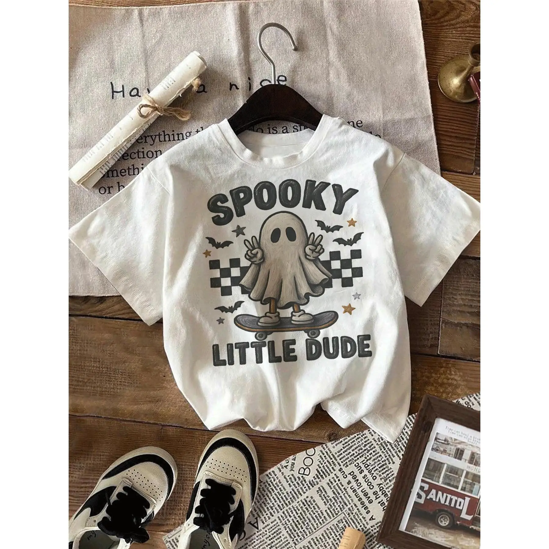 Spooky Ghost Skateboarding Design Cute Little Dude Halloween Graphic Tee Shirt For Boys, Casual Summer Outfit, Fun Print, Soft Cotton TShirt For Kids
