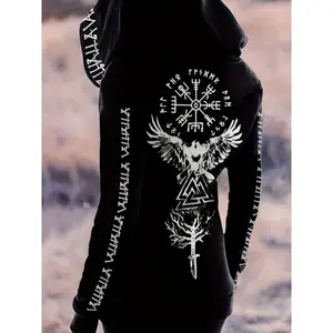 Vintage Gothic Viking Pattern Hoodie, Casual Zip-Up Long-Sleeve Drawstring Sweatshirt, Women’s Top