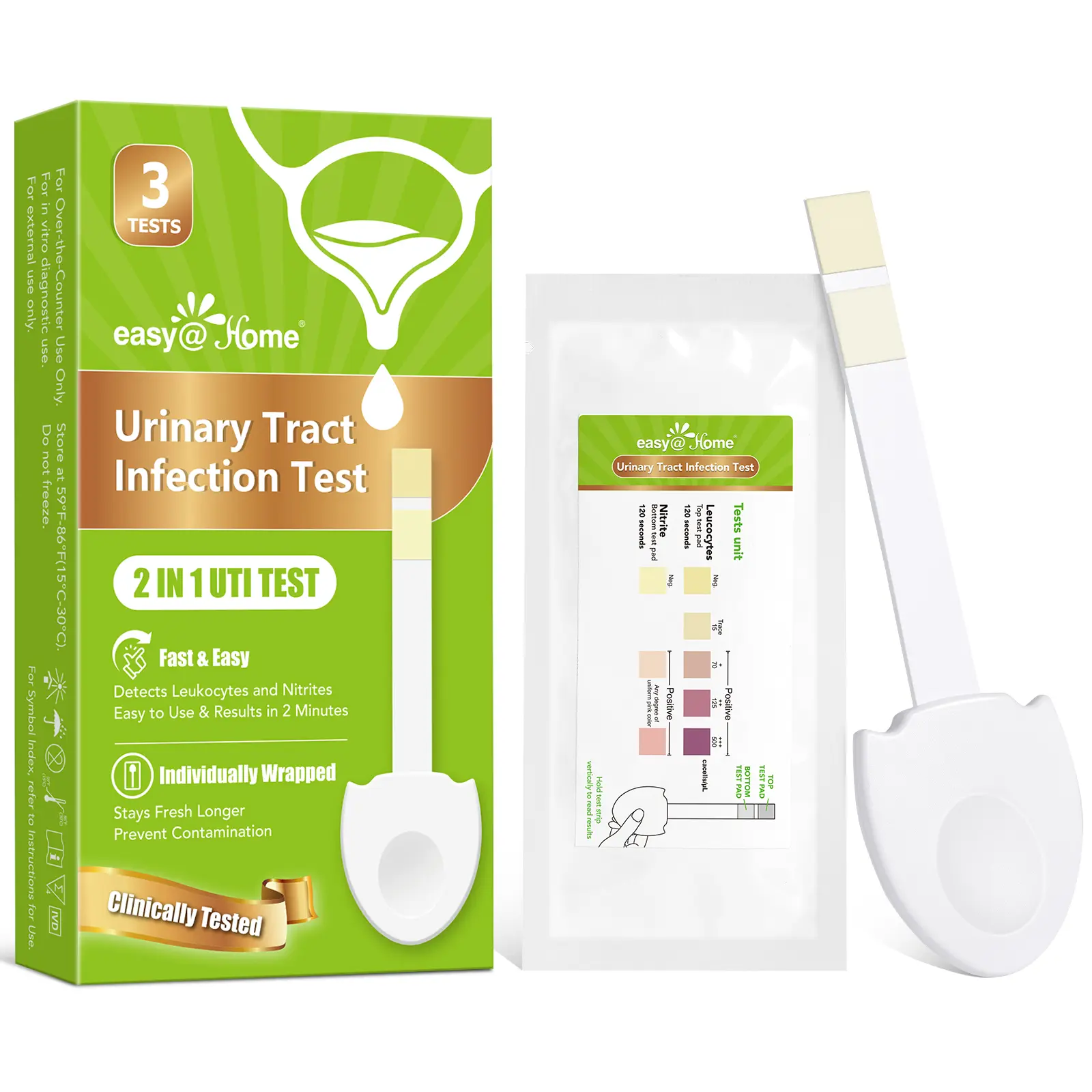 Easy@Home UTI Test Strips for Women Individually Wrapped Detects Leukocytes & Nitrite 3/4/6/9/12 Pack Options
