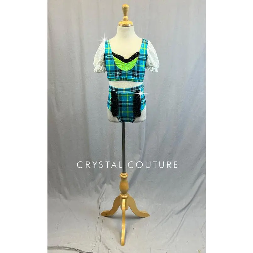 Custom Aqua & Lime Green Plaid Two PIece with White Lace Puff Sleeves - Rhinestones