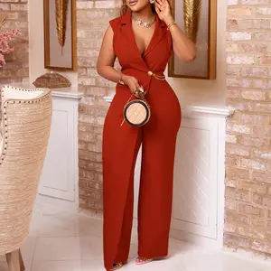 Tailored Collar Chain Summer Ladies Office Wear Elegant Fashion Formal One Piece Romper Sleeveless Wide Leg Jumpsuit for Women