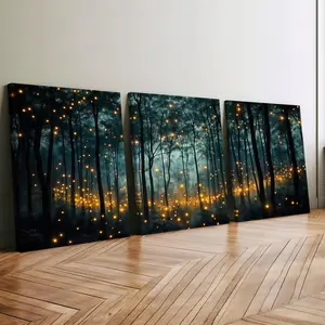 3-Piece Wooden Frame Canvas Art Prints, Firefly Forest Dreamy Theme Poster, Modern Home Decor Wall Art Decoration, High-Definition Waterproof Painting, Decorative Artwork, Modern Art Design