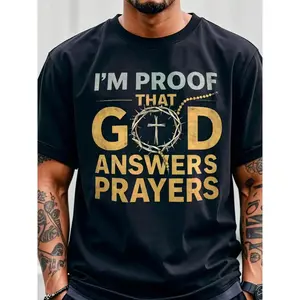 Men's Christian T-Shirt "I Am God's Response to Prayer" with Crown & Cross Design - Golden Lettering, Ultra-Soft Breathable Fabric, White/Black Round Neck Short Sleeve Shirt for Church, Easter, Christmas - Religious Apparel for Prayer Meetings