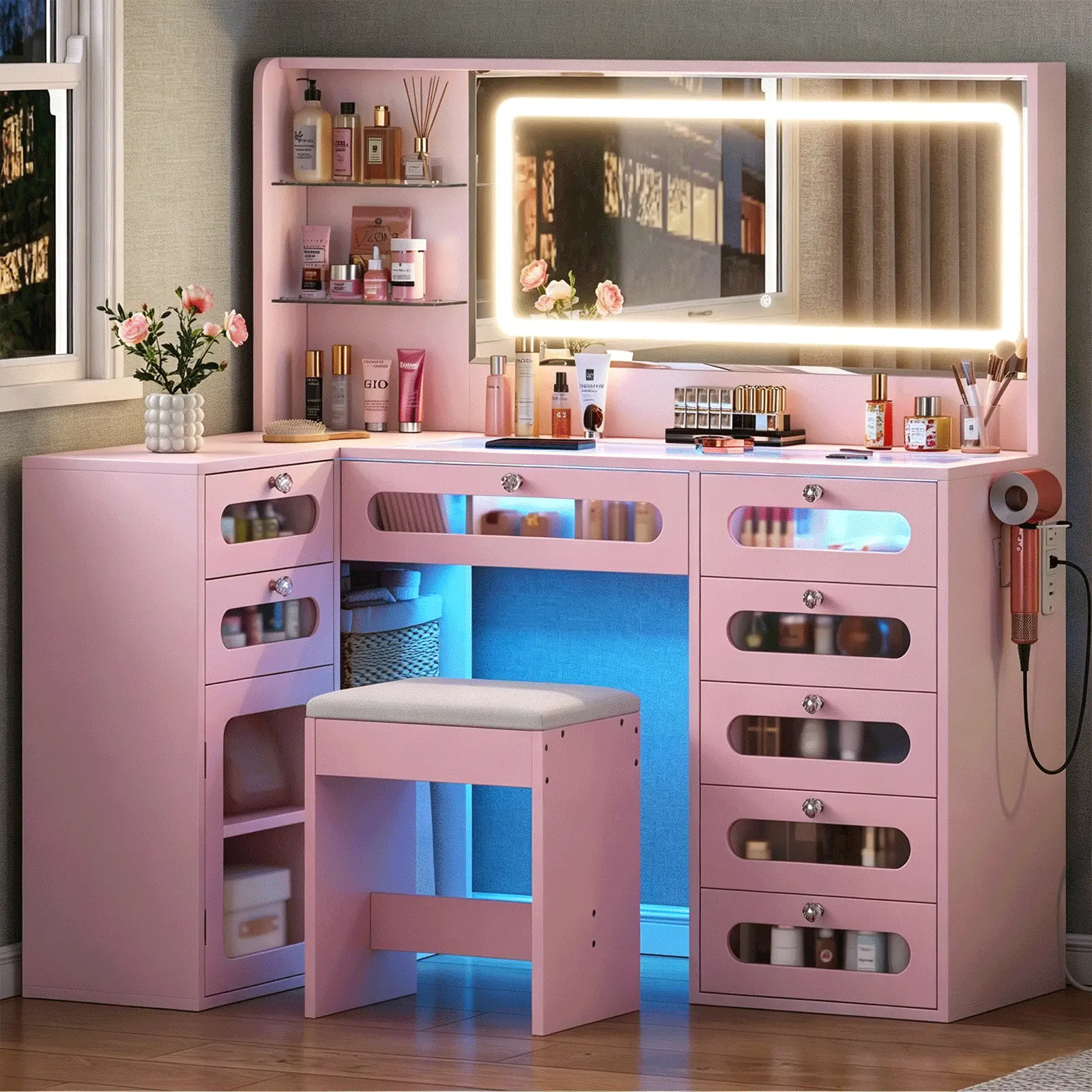 Vanity Desk Set Makeup Vanity with Lighted Mirror Large Dressing Table with Glass Drawers Open Storage Shelves Modern Vanity Table for Bedroom Vanity Set with Storage Vanity Furniture Vanity Desk Organizer summerwins,