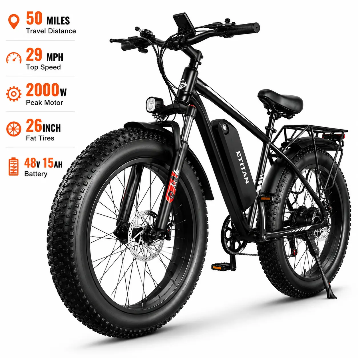 Adult Electric Bike (Ebikes) - 29MPH Fast, 2000W Peak Motor, 48V15Ah Removable Battery, 23.0 to 26.9 in 26" Fat Tire, Long-Lasting Leisure Cycling Sports & Outdoor Equipment
