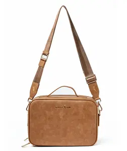 White Elm Aven Travel Train Case - Almond Vegan Leather Makeup Bag with Adjustable Strap & Zippered Compartments for Beauty Essentials