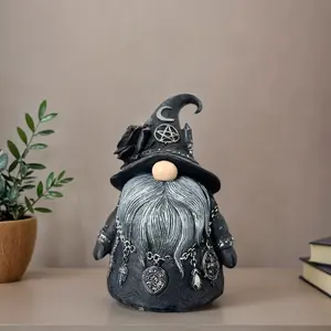 Hand-Drawn Gothic Wizard Gnome Statue, Home Office Desktop Decoration, Includes Crescent Moon, Star, Witch Hat, Unique Gift, Decorative Statues