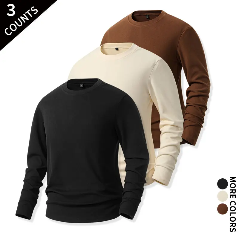Men 3‑Pack Fleece Thermal Long Sleeve Shirts Winter Crew Neck Soft Warm Inner Layering Tops For Daily Casual Outdoor Wear