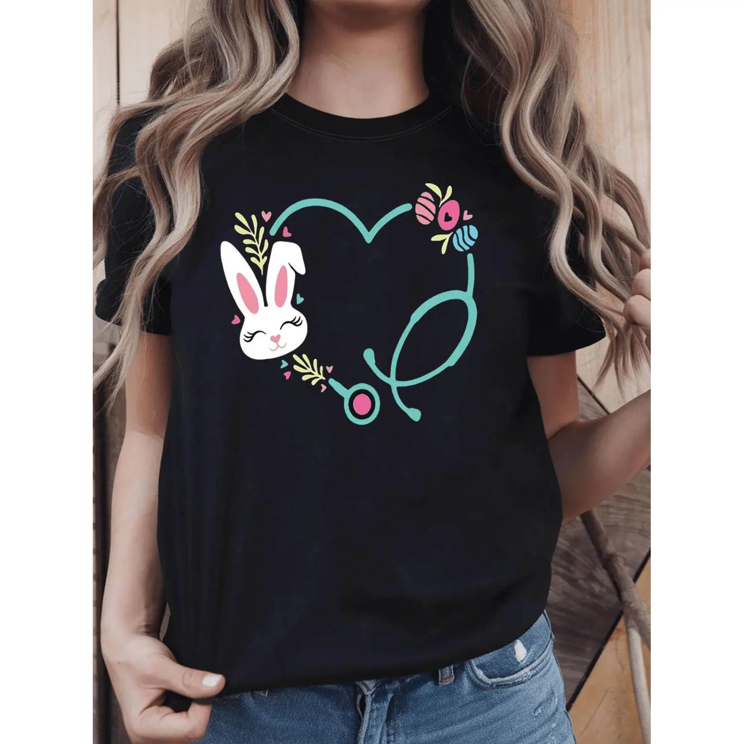Women's Short-Sleeve T-Shirt - Easter Bunny & Heart Stethoscope Print, Casual Nurse Tops for Spring Summer Egg Hunt Wear, Shortsleeve, Tshirt, Round Neck, Streetwear, Crew Neck, Easter Theme, Breathable, Graphic Print, Breathable Fabric, All Seasons, Long