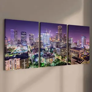 Houston City Night Scene Poster Set, Cityscape Print, Modern Art Design Canvas Prints, Solid Wood Frame, Waterproof Wall Decor for Living Room & Bedroom
