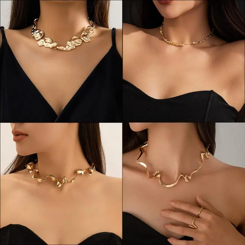 Women's Irregular Liquid Metal Thin Chain Choker - Trendy Abstract Geometric Statement Chain Jewelry, Modern Minimalist Fashion Accessory for Party, Night Out, Chain Jewelry Necklaces