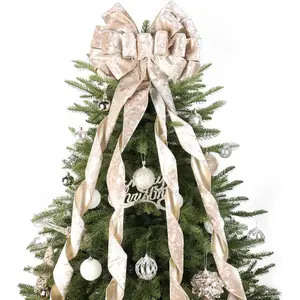 Champagne Velvet Wired Ribbon Christmas Tree Topper Bows 13 x 53 Large Gold Christmas Decorative Bows with Long Streamers for Wreaths Door Staircase Ornaments Holiday Crafts Home Decor