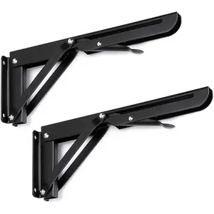 Sturdy Folding Shelf Brackets - Heavy Duty Metal Triangle Table Bench Folding Shelf Bracket 10 Inch, 2 count Folding Shelf Hinge Wall Mounted, Max Load 132lb (Black)
