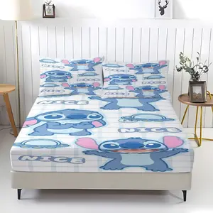 Stitch Themed Fitted Sheet Set, Bedsheet Sets, Cute UFO & "NICE" Print, 3-Piece (1 Fitted Sheet + 2 Pillowcases) Soft Bedding, Thoughtful Gift for Kids & Animation Fans