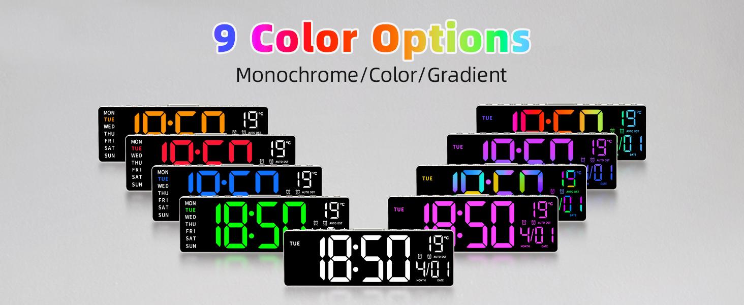 10.1" LED Digital Alarm Clock with RGB Display, Date and Temperature, Countdown Timer, Auto Dimming Wall Clock for Bedroom Living Room Office  Decor