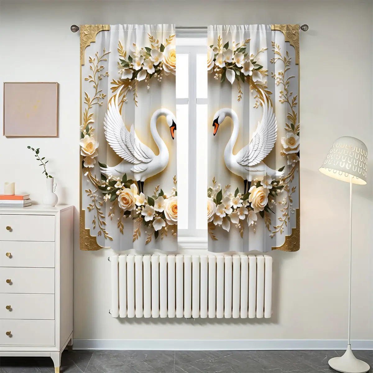 2-piece set of European romantic swan flower digital printed curtains, made of polyester material with pole bag design, Window Curtain, Home decoration curtain, suitable for home decoration, semi transparent year-round room decoration