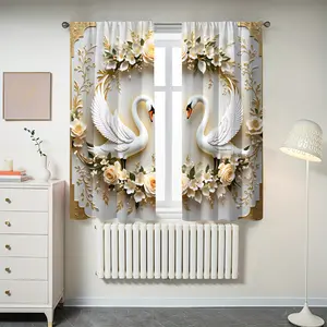 2-piece set of European romantic swan flower digital printed curtains, made of polyester material with pole bag design, Window Curtain, suitable for bedroom, living room, dining room decoration, semi transparent year-round room decoration