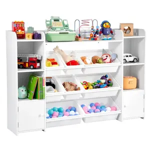 VEVOR Kids Toy Storage and Bookshelf, 4-Tier Toy Storage Organizer with 8 Flexible Plastic Bins, Kids Cubby Cabinet with Bookshelf for Study Room, Bedroom, Playroom, Classroom, Nursery, White
