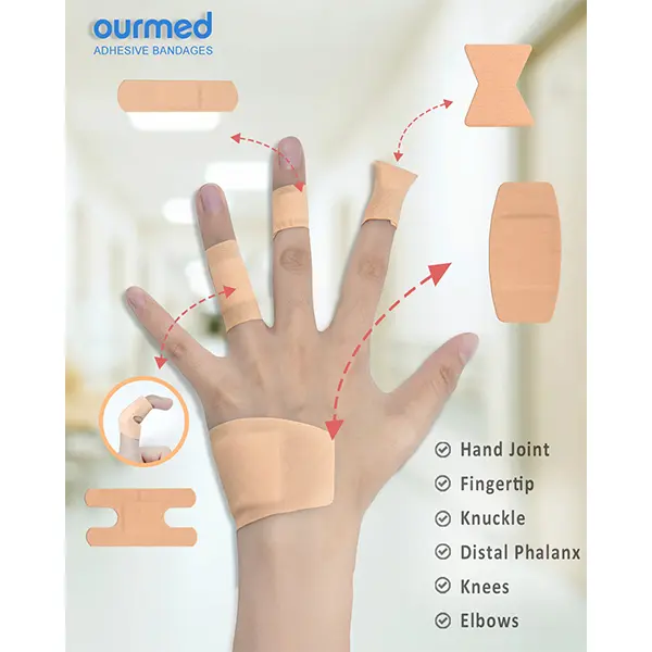 Ourmed Flexible Fabric Bandages - 100 Pieces Assorted Sizes First Aid Supplies, Hypoallergenic Latex-Free, Strong 24-Hour Hold for Slight Cuts, Scrapes, Abrasion, Wound Healing, Fingertip Use