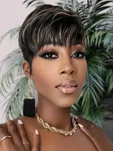 Highlight Blonde Pixie Cut Natural Human Hair Wigs for Women, Short Straight Layered Pixie Wig with Bangs, Stylish Daily Wear Hairstyle