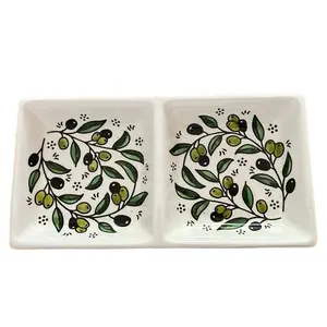 10x15 cm Snack Plate with Olive Branch Glazed Design Square Ceramic Serving   Plate for Snacks and Tiles Green Leaf Pattern. Aesthetic Dishwasher Safe Tableware Snackplate Dinner Set Dinnerware Natural Touch Dish Presentation