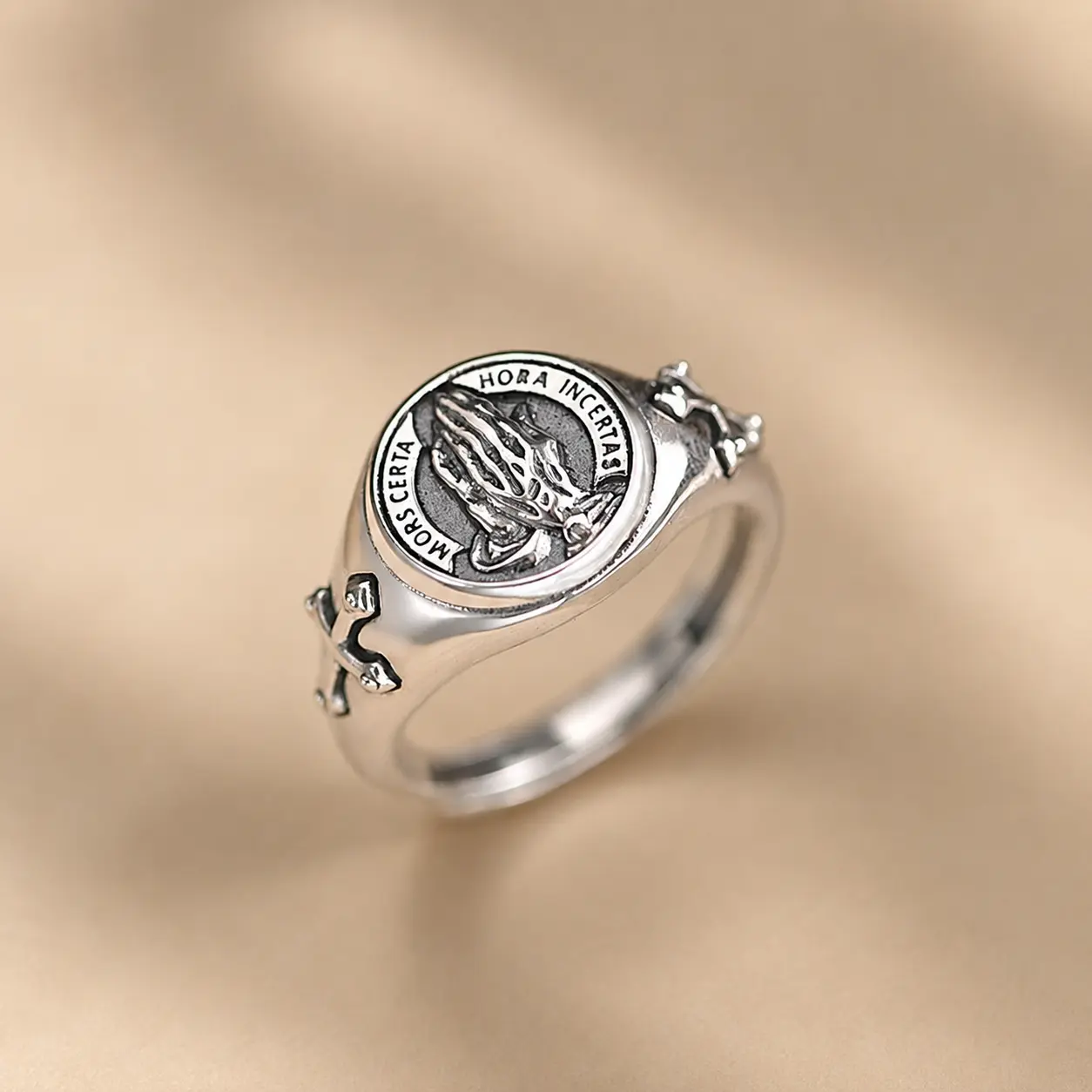 Adjustable Prayer Hands Signet Ring, Silver-Tone Copper Faith Ring with Cross Accents and Vintage Engraved Design