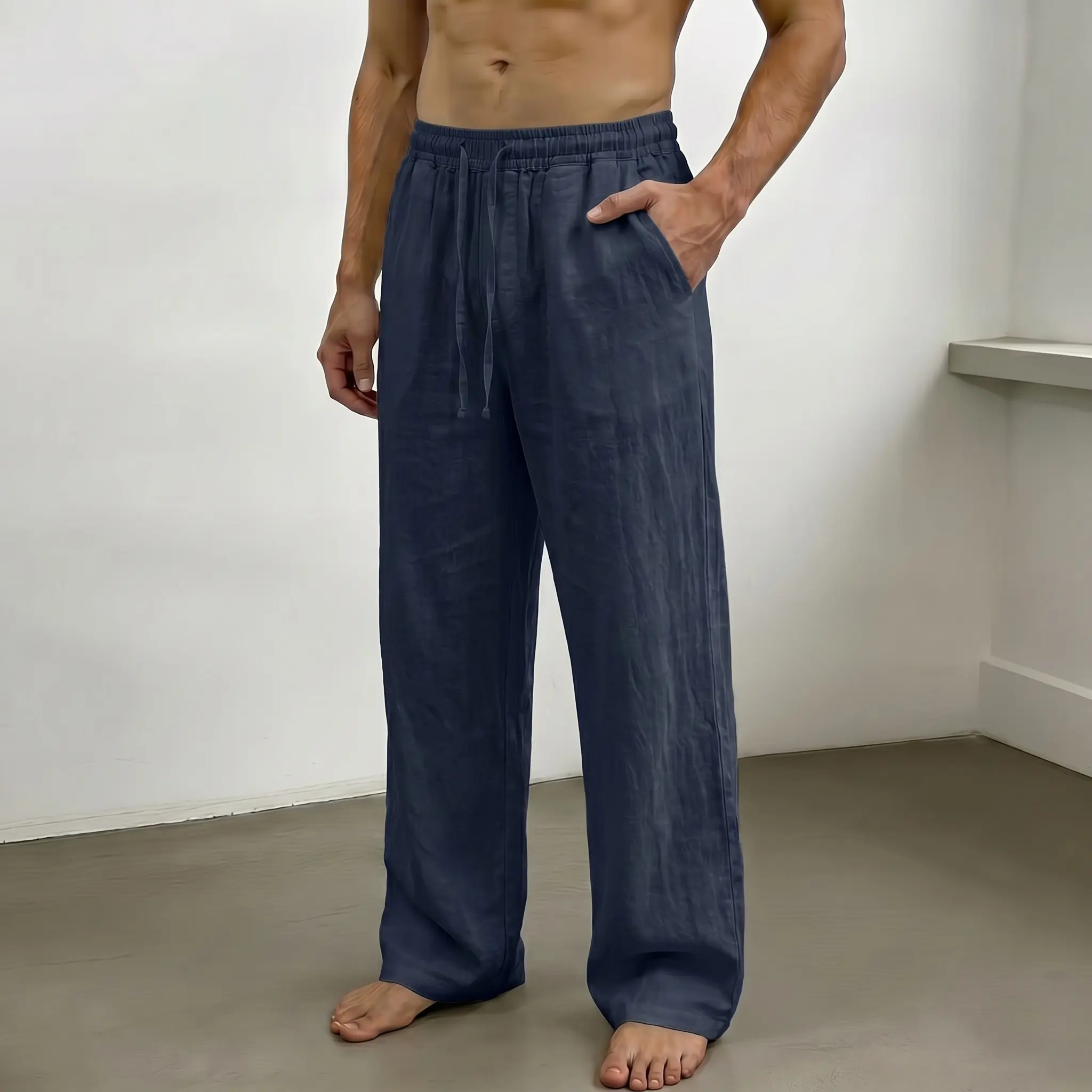 Men’s casual pants for summer—loose, breathable, comfortable long trousers with a stylish, versatile fit that flatters the figure and features wide legs. Suitable for leisure, sports, and everyday wear.