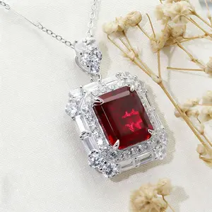 S925 silver square 10*12MM cultured ruby/cultured sapphire necklace for women, fashionable and high-end