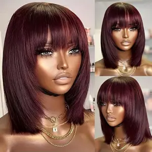 Rina 99J Burgundy Colored Short Human Hair Bob Wig with Bangs 180% Density Straight Full Machine Made Brazilian Bob Wigs with Bangs Glueless Wear and Go Bob Wig