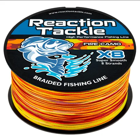 Fire Camo Braided Fishing Line - Reaction Tackle X4 & X8 Strand UHMWPE Braid, Zero Stretch, Small Diameter, Abrasion Resistant, 6-100lb, 150-3000yd Spools - Casting, Jigging & Flipping for Bass, Pike, Musky
