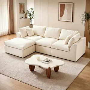 108" Cloud Modular Sectional Sofa, L-shape Deep Seat Couch With Ottoman & Toss Pillows, Oversized Comfy Living Room Sofa, No-Assembly Cloud-Style Design, High-Density Boneless Compression Foam,White Sofa