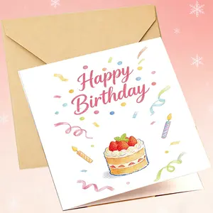 Happy Birthday Card with Envelope, Cute Strawberry Cake & Candles Design, Party Celebration, Festive Gift, High Quality Print