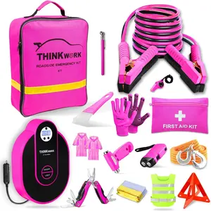 Car Emergency Kit for Teen Girl and Lady's Gifts, Pink Emergency Roadside Assistance kit with Digital Air Compressor, 10FT Jumper, First Aid Kit, and More Ideal Pink Car Accessories Tool -E7