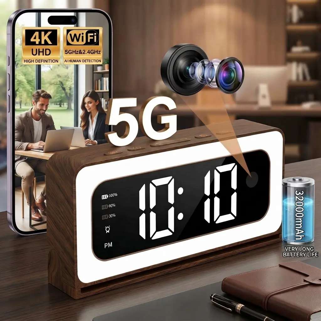 4K Smart Indoor Hidden Clock Camera, 6200mAH,Nanny Cam, Indoor Security Camera for Home, 5G & 2.4G WiFi, Full Color Night Vision, Motion Detection Alerts, Alarm Siren, Local SD Storage, Wood Grain Design