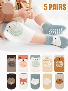 Baby Boys' Cartoon Animal Socks Set, Playful Animal Print, Anti-Slip Breathable Toddler Walking Socks, Newborn Baby Boy Short Socks, 5 Pairs, Cute Fun Design, Kids Socks