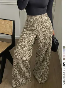 Women's Leopard Print Drawstring Pants, Casual Lounge Pant Loose-Fitting Long Regular Fit, Natural Waist H-Type Design for All Seasons