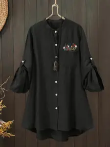 New Fashion Embroidered Floral Button Vintage Fitted Shirt, Early Spring Autumn Casual Top, Commuter Indoor Wear, Pure Color Blouse