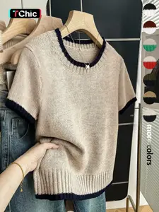 Women's Simple Round Neck Knitted Short Sleeve Top for Daily Commuting and Dating, Casual and Comfortable, Versatile Everyday Wear, Knitwear Womenswear Fit