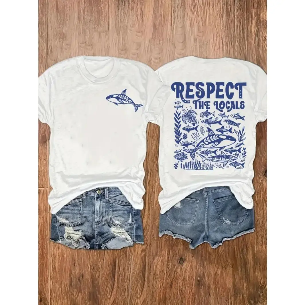 Respect The Locals Ocean Orca Print Womens Oversized T Shirt Soft Cotton Crewneck Short Sleeve Casual Summer Tops For Beach Vacation Daily Wear