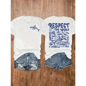 Respect The Locals Ocean Orca Print Womens Oversized T Shirt Soft Cotton Crewneck Short Sleeve Casual Summer Tops For Beach Vacation Daily Wear