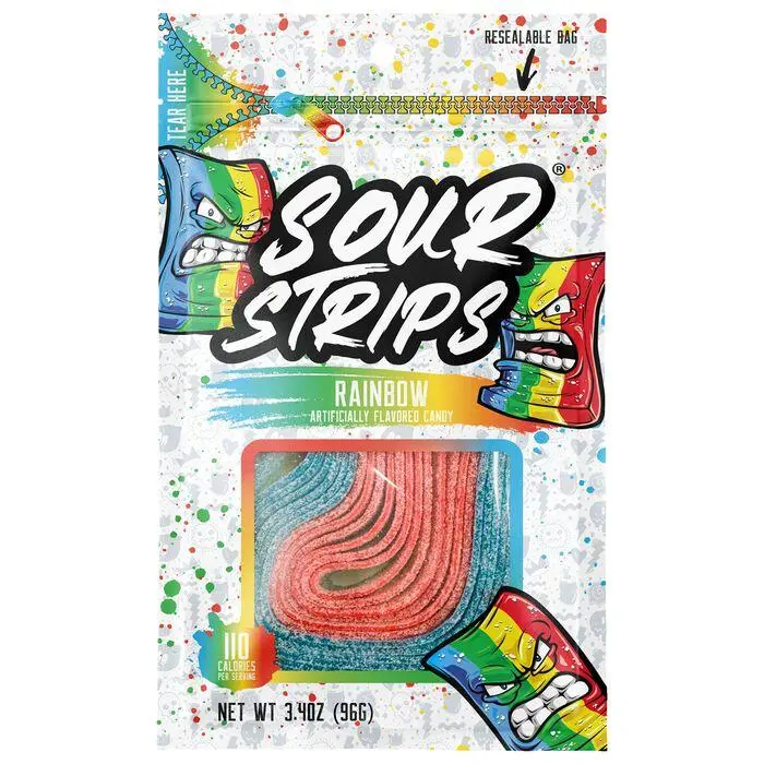 Sour Strips Rainbow Sour Candy Belt Peg  3.4 oz 12 ct