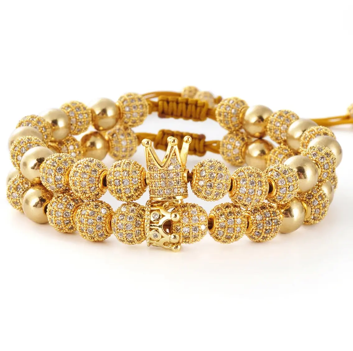 Hassan Bracelet 2 Pcs/ Set Classic Gold Adjustable Bracelet Mosaic Zircon Craft Plated Crown Bead Bracelet For Men Or women