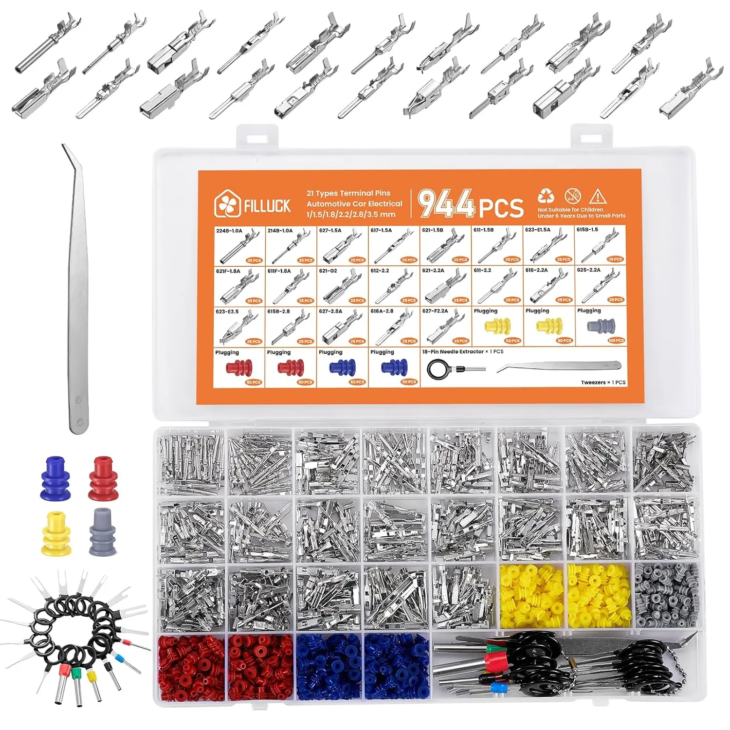 944Pcs Pin Connector Kit,Car Electrical Wire Connectors Terminal Pins,21Type Non-Insulated Plug 1/1.5/1.8/2.2/2.8/3.5mm