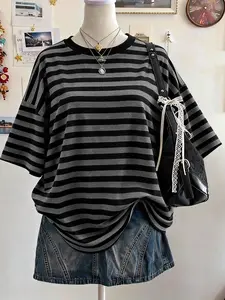 Women's Summer Striped Short-Sleeve Top, Casual Loose Crew Neck Tee, Trendy Fashion Oversized Fit Streetwear for Everyday Daily Wear