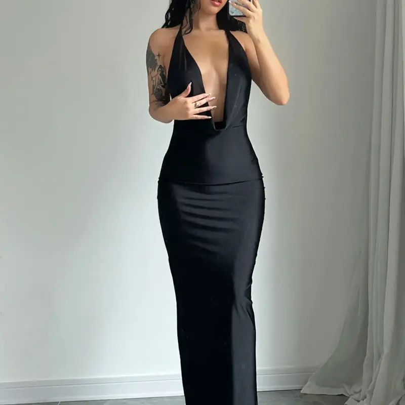 Women's Solid Backless Draped Tie Back Soft Satin Knit Fabric Dress, Slim Fitting Gown, Fashion Halter Neck Sleeveless Long Slim Bodycon for Formal Evening Party, Summer Outfits 2026, Womenswear, Ladies Summer Clothes