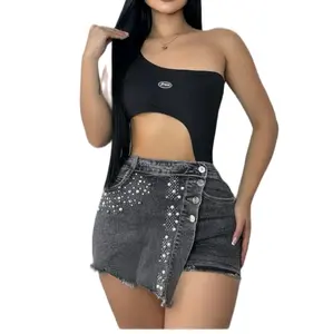 Falda shorts corta en Jeans con perlas y Brillo  Licrada  Womenswear Bottom