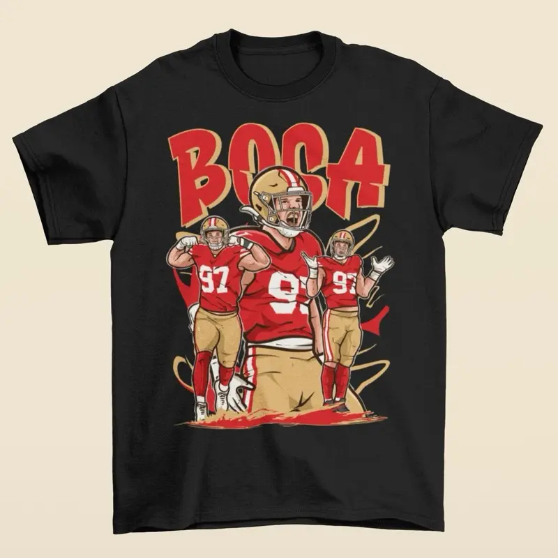 Nick Bosa Cartoon Style San Francisco Football T-Shirt - Men’s Adult Sizes, 100% cotton tee, unisex style